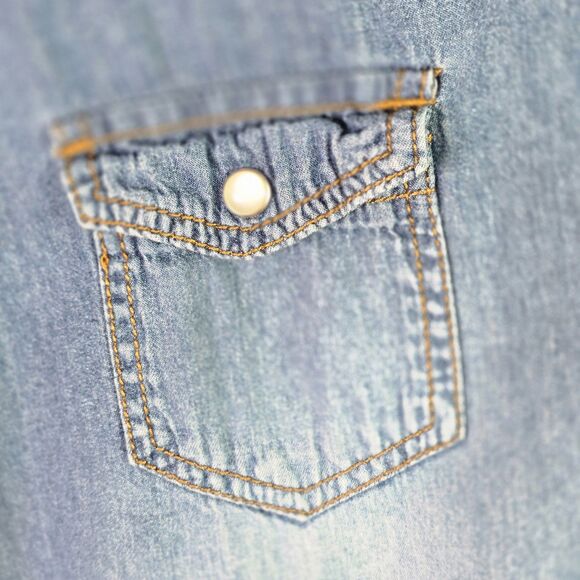 VTG Faded Glory Denim Shirt 3X Pearl Snap Roll Tab Western Y2K Cotton Side Slits - Picture 5 of 16